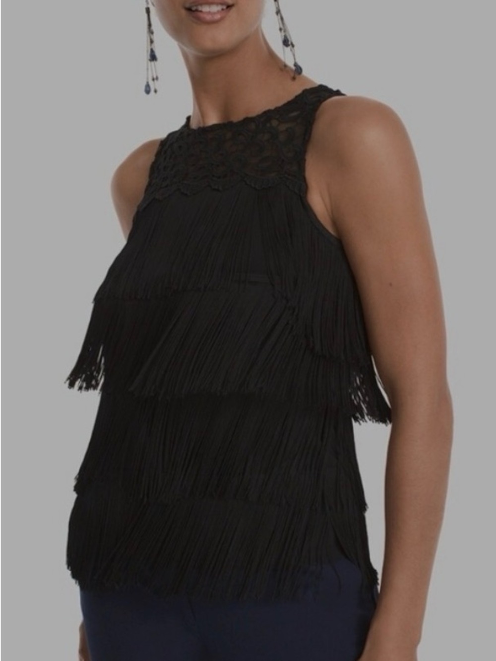 White House Black Market Sleeveless Black Fringe Crochet Yoke Top